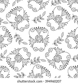 Abstract vector seamless pattern with flowers, leaves and swirls. Monochrome cute background.