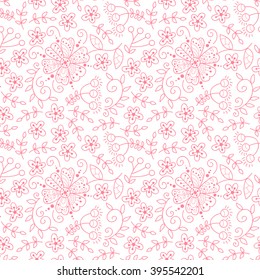 Abstract vector seamless pattern with flowers, leaves and swirls.