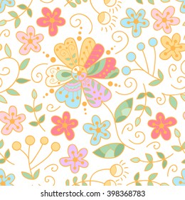Abstract vector seamless pattern with flowers, leaves and swirls.