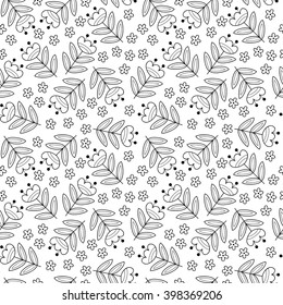 Abstract vector seamless pattern with flowers and leaves. Black and white background.