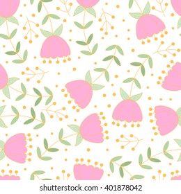 Abstract vector seamless pattern with flowers, leaves and dots. 