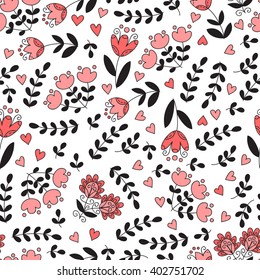 Abstract vector seamless pattern with flowers, leaves and hearts.