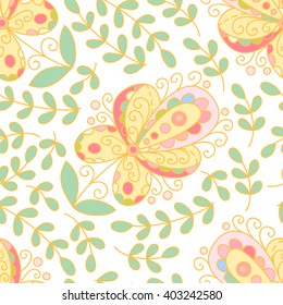 Abstract vector seamless pattern with flowers, leaves and swirls.