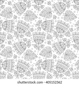 Abstract vector seamless pattern with flowers, leaves and swirls. Black and white coloring page. Monochrome print.