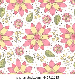 Abstract vector seamless pattern with flowers, leaves and swirls