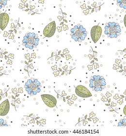 Abstract vector seamless pattern with flowers, leaves and swirls.