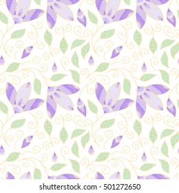 Abstract vector seamless pattern with flowers, leaves and swirls. 
