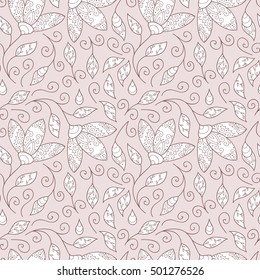 Abstract vector seamless pattern with flowers, leaves and swirls. 