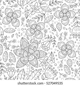 Abstract vector seamless pattern with flowers, leaves and swirls.  Black and white monochrome print.