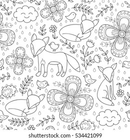 Abstract vector seamless pattern with flowers and foxes, leaves and birds. Black and white seamless pattern. Monochrome print.