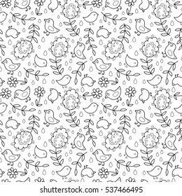 Abstract vector seamless pattern with flowers, leaves and birds. Black and white seamless pattern. Monochrome cute print.