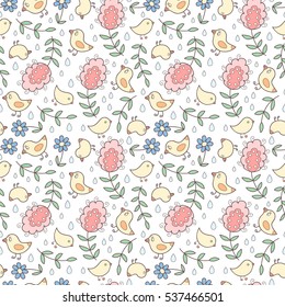 Abstract vector seamless pattern with flowers, leaves and birds. 