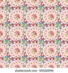 Abstract vector seamless pattern with flowers, leaves and swirls.