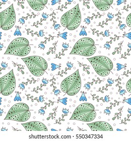 Abstract vector seamless pattern with flowers, leaves and swirls. 