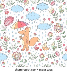 Abstract vector seamless pattern with flowers and fox, leaves and birds