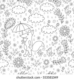Abstract vector seamless pattern with flowers and fox, leaves and birds. Black and white seamless pattern. Monochrome flower print