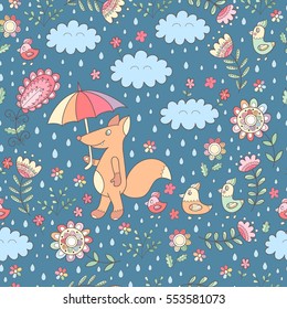 Abstract vector seamless pattern with flowers and fox, leaves and birds