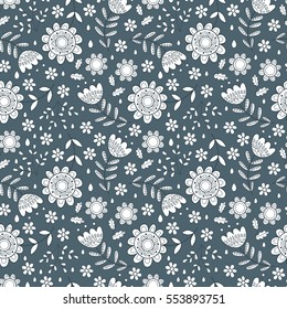 Abstract vector seamless pattern with flowers, leaves and swirls