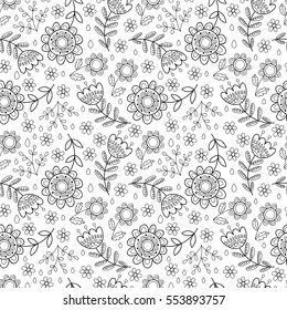 Abstract vector seamless pattern with flowers, leaves and swirls. Black and white seamless pattern. Monochrome print