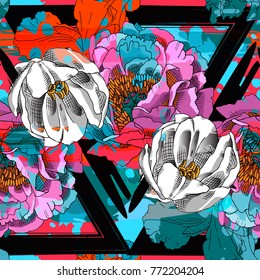 Abstract vector seamless pattern with flowers and geometric figures 1