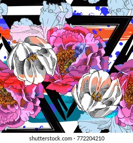 Abstract vector seamless pattern with flowers and geometric figures 6