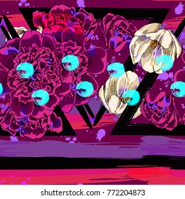 Abstract vector seamless pattern with flowers and geometric figures 11