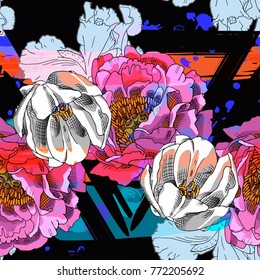 Abstract vector seamless pattern with flowers and geometric figures 5
