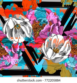 Abstract vector seamless pattern with flowers and geometric figures 2
