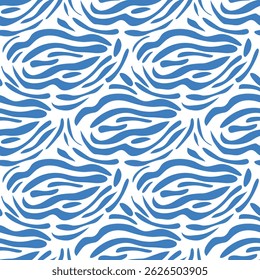 Abstract vector seamless pattern with flowing blue wavy lines on white background, creating a dynamic and modern textile design.