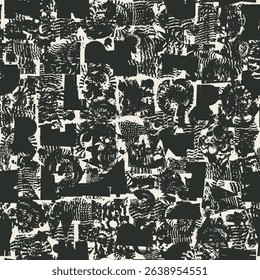 Abstract vector seamless pattern with font consisting of geometric shapes with texture, shells on the theme of paleontology. Fabric, textile, t-shirt design, tile, wallpaper. No AI is used.