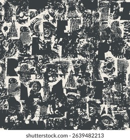 Abstract vector seamless pattern with font consisting of geometric shapes with texture, shells on the theme of paleontology. Fabric, textile, t-shirt design, tile, wallpaper. No AI is used