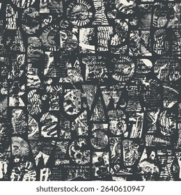 Abstract vector seamless pattern with font consisting of geometric shapes with texture, shells on the theme of paleontology. Fabric, textile, t-shirt design, tile, wallpaper. No AI is used
