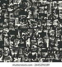 Abstract vector seamless pattern with font consisting of geometric shapes with texture, shells on the theme of paleontology. Fabric, textile, t-shirt design, tile, wallpaper. No AI is used.