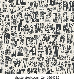 Abstract vector seamless pattern with font consisting of geometric shapes with texture, shells on the theme of paleontology. Fabric, textile, t-shirt design, tiles, wallpaper, wrapping paper. No AI 