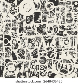 Abstract vector seamless pattern with font consisting of geometric shapes with texture, shells on the theme of paleontology. Fabric, textile, t-shirt design, tiles, wallpaper, wrapping paper. No AI 