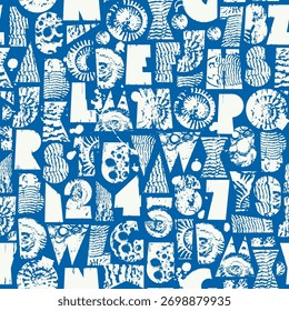 Abstrato vetor padrão sem emenda com fonte consistindo de formas geométricas com textura, conchas sobre tema marinho. Tecido, têxtil, design de t-shirt, azulejos, papel de parede, papel de embrulho. Sem IA 
