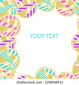 Abstract vector seamless pattern frame gold metal gradient buttons with a colorful tracery inside on white background for card, cover page, banner, menu, carte, handbill, sticker, perfume packaging.