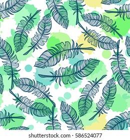 Abstract vector seamless pattern. Fun illustration of hand drawn feathers on ink drops, or colored water drops background. Perfect for cotton, textile, web texture and more