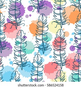 Abstract vector seamless pattern. Fun illustration of hand drawn feathers on ink drops, or colored water drops background.  Perfect for cotton, textile, web texture and more