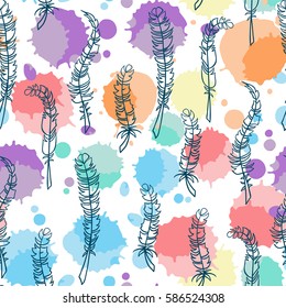 Abstract vector seamless pattern. Fun illustration of hand drawn feathers on ink drops, or colored water drops background.  Perfect for cotton, textile, web texture and more