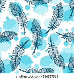 Abstract vector seamless pattern. Fun illustration of hand drawn feathers on ink drops, or colored water drops background. Perfect for cotton, textile, web texture and more