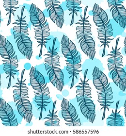 Abstract vector seamless pattern. Fun illustration of hand drawn feathers on ink drops, or colored water drops background. Perfect for cotton, textile, web texture and more
