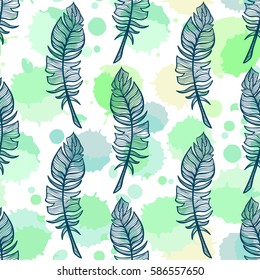 Abstract vector seamless pattern. Fun illustration of hand drawn feathers on ink drops, or colored water drops background. Perfect for cotton, textile, web texture and more