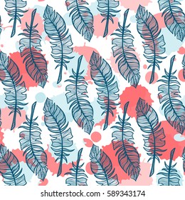Abstract vector seamless pattern. Fun illustration of hand drawn feathers on ink drops, or colored water drops background. Perfect for cotton, textile, web texture and more 
