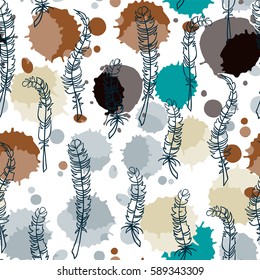 Abstract vector seamless pattern. Fun illustration of hand drawn feathers on ink drops, or colored water drops background.  Perfect for cotton, textile, web texture and more 