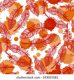 Abstract vector seamless pattern. Fun illustration of hand drawn feathers on ink drops, or colored water drops background. Perfect for cotton, textile, web texture and more 