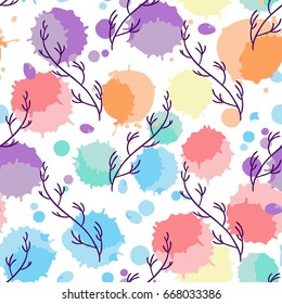 Abstract vector seamless pattern. Fun illustration of hand drawn herbals on ink drops, or colored water drops background.  Perfect for cotton, textile, web texture and more 
