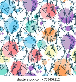 Abstract vector seamless pattern. Fun illustration of hand drawn herbals on ink drops, or colored water drops background.  Perfect for cotton, textile, web texture and more 