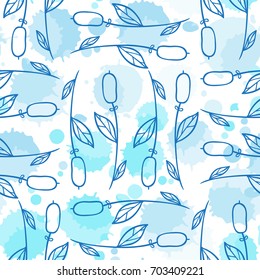 Abstract vector seamless pattern. Fun illustration of hand drawn herbals on ink drops, or colored water drops background.  Perfect for cotton, textile, web texture and more 