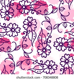 Abstract vector seamless pattern. Fun illustration of hand drawn herbals on ink drops, or colored water drops background.  Perfect for cotton, textile, web texture and more 